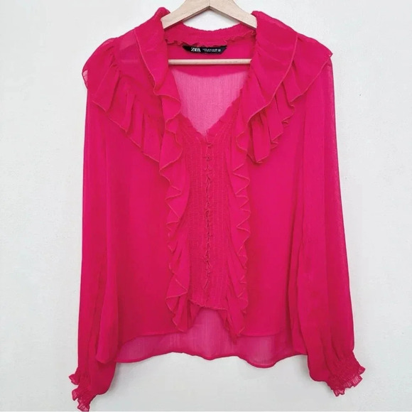 Zara Womens Small Ruffle Pink Sheer  Blouse - Picture 2 of 14